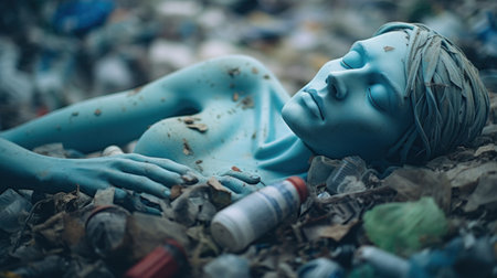 A blue statue laying in a pile of garbage, AIの素材