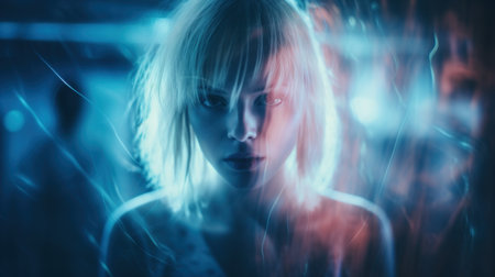 A woman with blonde hair and a red light behind her, AIの素材