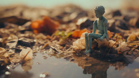 A miniature figurine sitting on the ground in a puddle, AIの素材