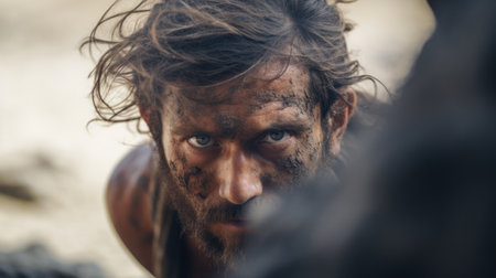 A man with a beard and hair is looking into the camera, AIの素材