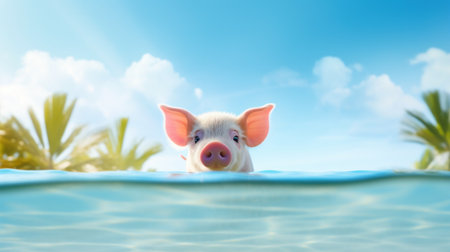 A pig swimming in the ocean with palm trees, AIの素材