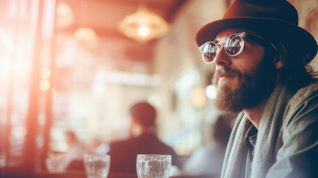 A man with a beard and sunglasses sitting at the table, AIの素材