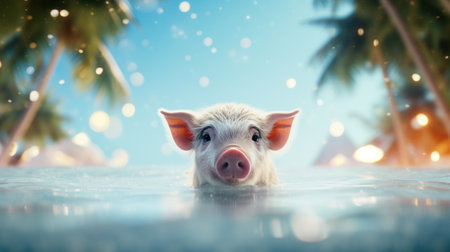 A pig swimming in the ocean with palm trees, AIの素材