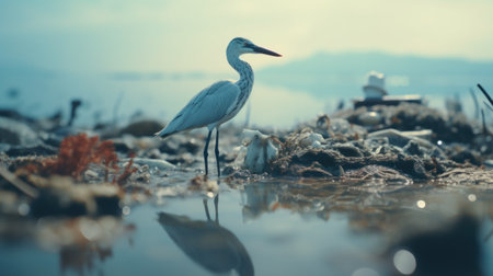 A white bird stands in the water near a body of water, AIの素材