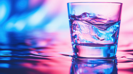 A glass of water with ice on a colorful background, AIの素材