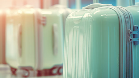 A row of green suitcases in an airport, AIの素材