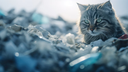 A cat is sitting in a pile of plastic, AIの素材