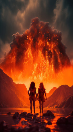 Two people standing in front of an erupting volcano, AIの素材