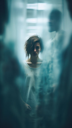 A woman standing in a room with people behind her, AIの素材