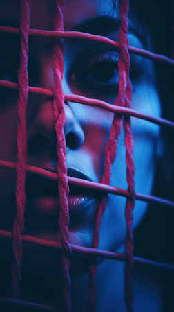 A woman behind bars with pink lights, AIの素材