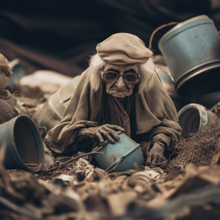 An old woman sitting in a pile of trash with two blue buckets, AIの素材