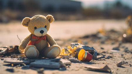 A teddy bear sits on the ground with a broken toy, AIの素材
