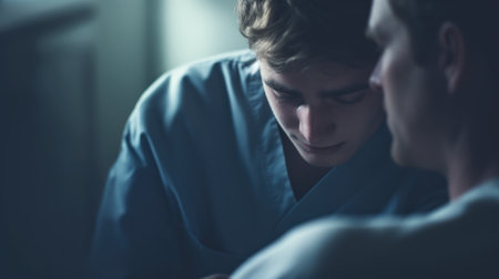 A man in a hospital gown is looking at his phone, AIの素材