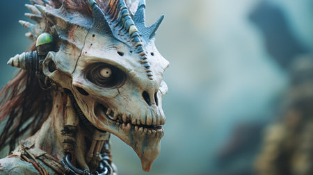 A close up of a skeleton with horns and eyes, AIの素材