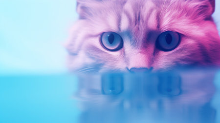 A cat is looking into the camera with blue and pink lights, AIの素材