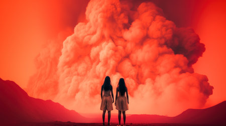 Two women standing in front of a red volcano, AIの素材
