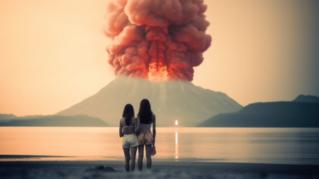 Two women standing on the beach looking at a volcano, AIの素材