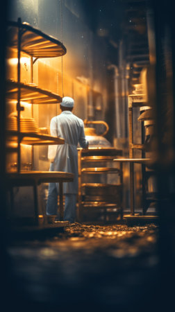 A man in a white coat is standing next to some racks, AIの素材