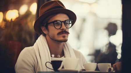A man with glasses and a hat sitting at his table, AIの素材