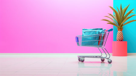 Shopping cart with blue bag on the floor in front of a bright pink wall, AIの素材