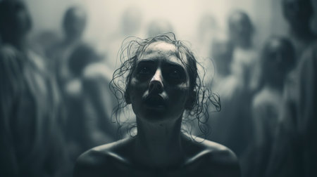 A woman with a face covered in blood is surrounded by people, AIの素材
