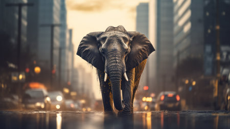 Elephant walking in city at night, AIの素材