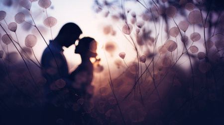 A couple is silhouetted against the sun, AIの素材