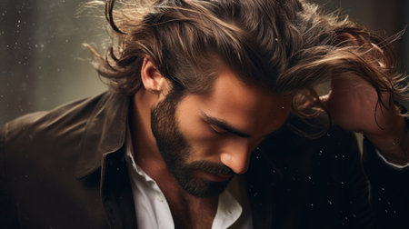 A man with long hair and beard in the rain, AIの素材