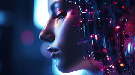 A woman with glowing lights on her face, AIの素材
