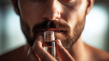 A man with a beard and mustache is holding an empty bottle, AIの素材