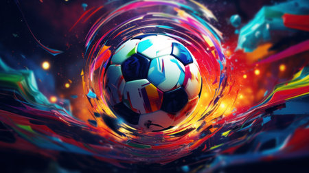 Soccer ball in colorful swirl on black background, AIの素材