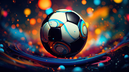 Soccer ball on a dark background with colorful swirls, AIの素材