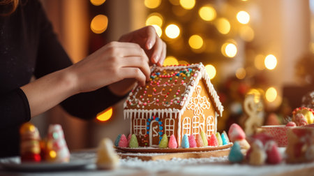 A woman decorating a gingerbread house with lights, AIの素材