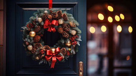 A wreath is hanging on a door with christmas lights, AIの素材