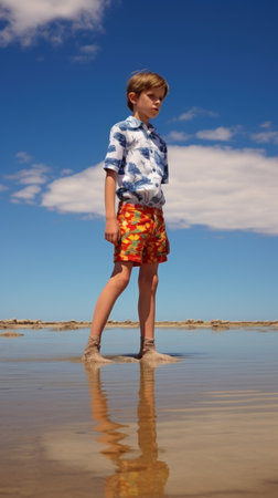 A young boy stands in the shallow water of a beach, AIの素材
