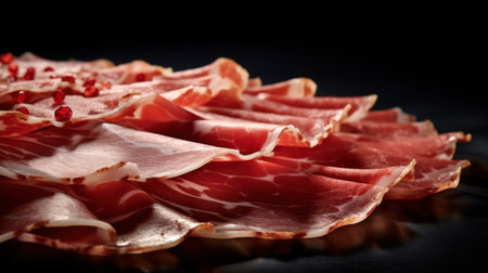 A pile of sliced ham on a black surface, AIの素材