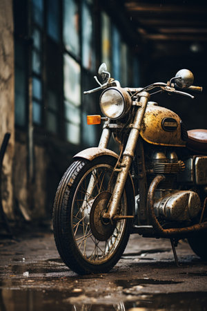 A fictional motorcycle parked in a garage, AIの素材