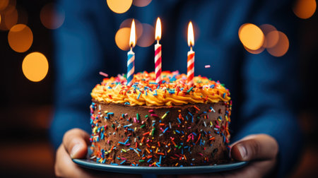 A person holding a birthday cake with lit candles, AIの素材