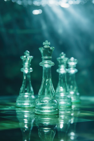 Four glass chess pieces on a table with sunlight, AIの素材