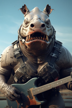 A hippo with a guitar in the desert, AIの素材