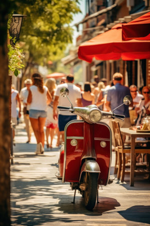 A red scooter parked in the middle of a street, AIの素材