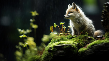 A fox sits on a moss covered rock in the rain, AIの素材