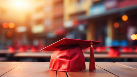 Red graduation cap on wooden table in front of a building, AIの素材
