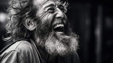 A black and white photo of a man laughing, AIの素材