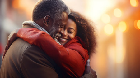 An older couple embracing in the city, AIの素材