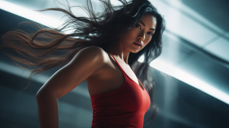 A woman in a red top is posing with her hair blowing, AIの素材