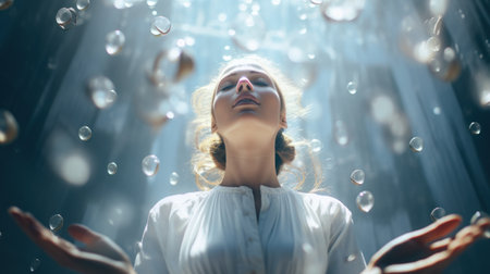 A woman is surrounded by bubbles in the air, AIの素材