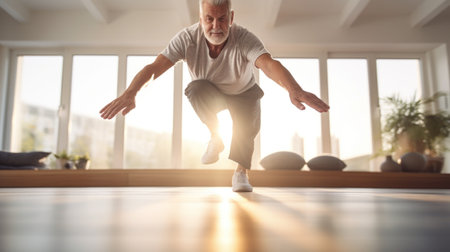 An older man doing a jumping exercise in the gym, AIの素材