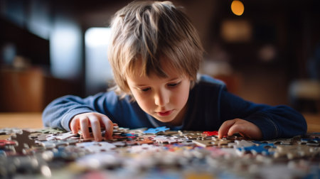 A young boy looking at a puzzle, AIの素材