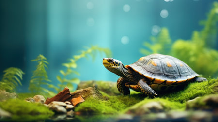 A turtle is sitting on a moss covered rock, AIの素材